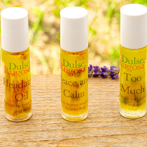 Dulse and Rugosa's Botanical Oils come in three scents: Headache, Peace and Calm, and Too Much.