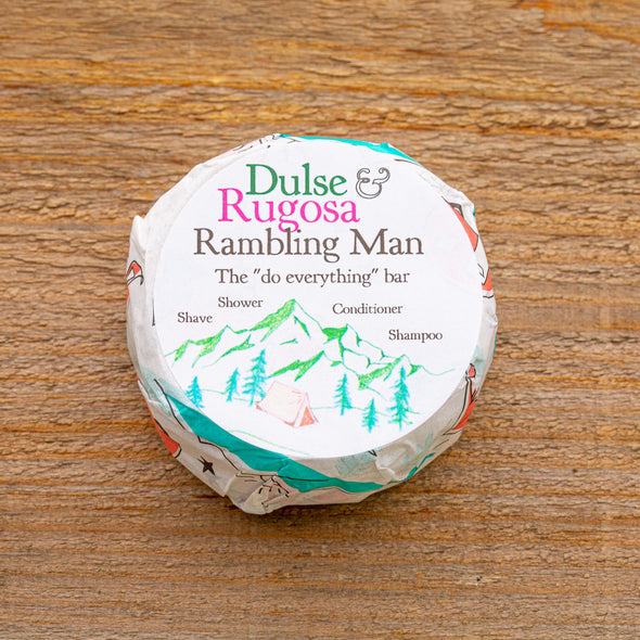 Rambling Man Soap is a hard working do everything soap.  Ligthly scented with tea tree oil and laded with seaweed, it is also sustainably packaged.
