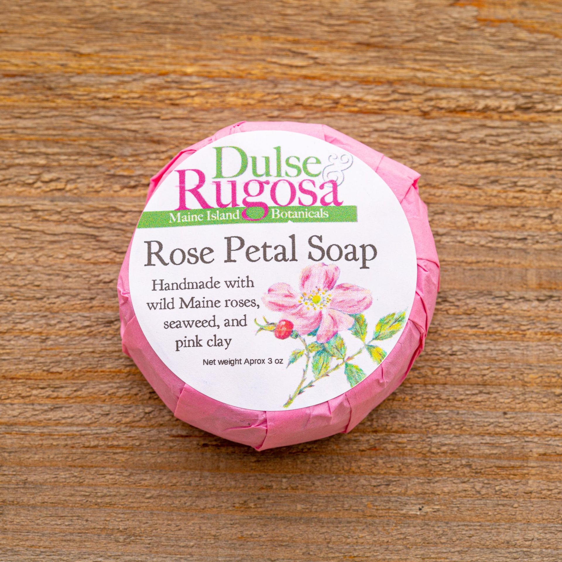 Our Rose Petal Soap is a gentle blend of rose clay, wild Maine rugosa roses, and wild harvested sugar kelp.  