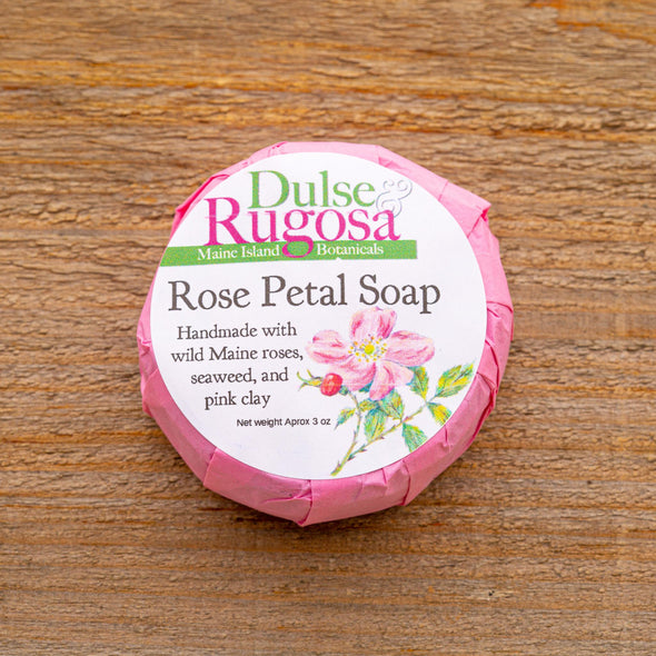 Our Rose Petal Soap is a gentle blend of rose clay, wild Maine rugosa roses, and wild harvested sugar kelp.  